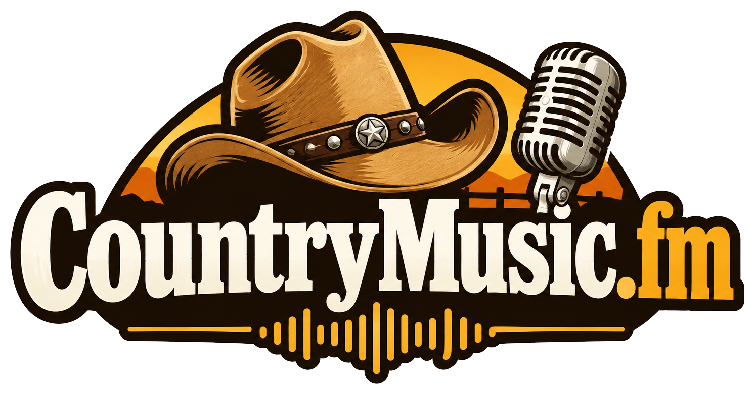 CountryMusic.fm western logo featuring a cowboy hat, vintage microphone, and golden sunset
